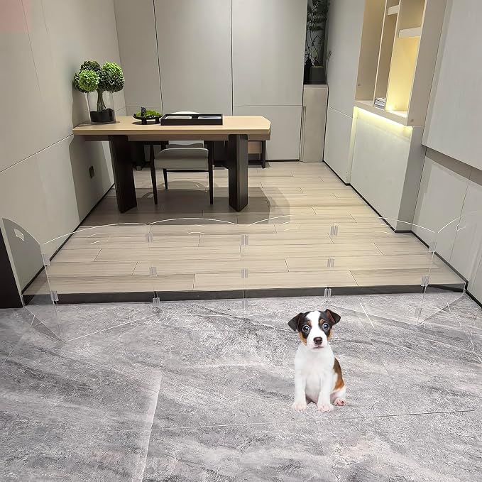 Clear Freestanding Dog Gate for Indoor Use,Pet Gates for Doorways no Drilling,Acrylic Foldable Dog Gate for Stairs with Support Feet (6 Panel - 120''W x 23''H)