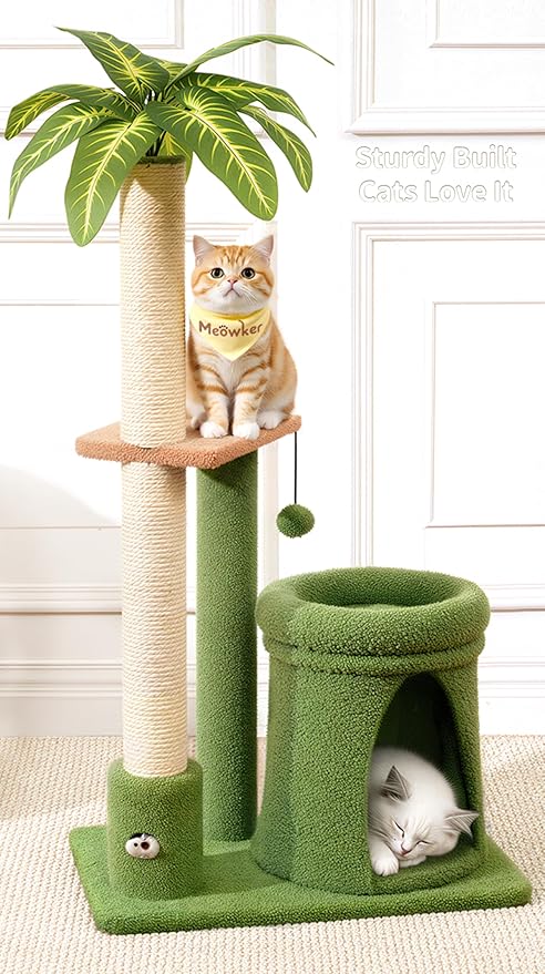 Cat Tree Tower Scratch Post Stand for Indoor, 41" Compact Palm Tree Kitten House Condo with Cozy Bed for Small Cats, Space Saving Design, Supports Climber Scratching Playing and Rest