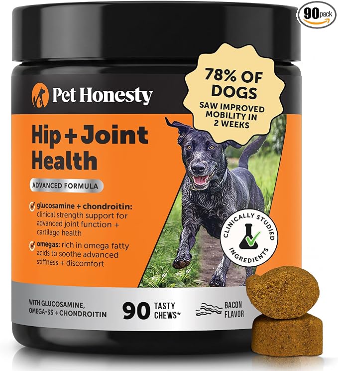 Advanced Formula Hip + Joint Supplement for Dogs - Joint Support with Glucosamine Chondroitin, MSM & Calcium Fructoborate - Fast Acting Mobility + Stiffness for Large Dogs & Seniors (Bacon 90 Ct)