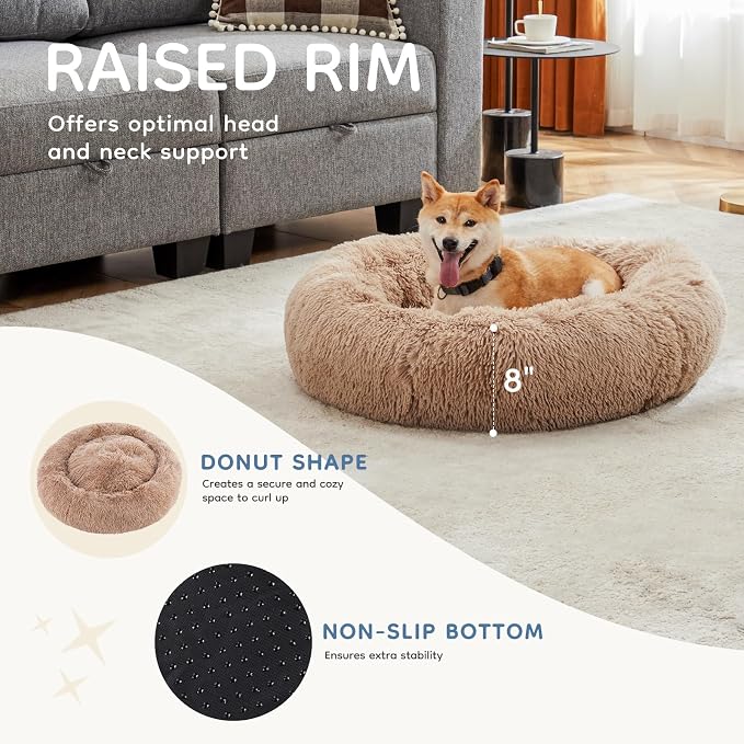 DUMOS Donut Dog Beds for Large Dogs, Machine Washable Cuddler Warming Cozy Fluffy Faux Fur Plush Round Pet Bed, Anti-Slip Bed for Indoor Dogs and Cats, 30.7x30.7 Inch, Brown