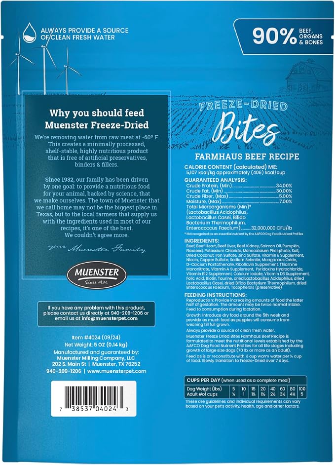 Muenster Freeze Dried Beef Bites - Dog Food, Treat, Mixer or Topper (5oz) - Grain-Free