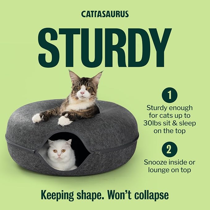 Cattasaurus Peekaboo Cat Cave Donut for Multiple & Large Cats up to 30-45 lbs, 3-in-1 Self Warming Cat Bed, Tunnel & Scratcher for Indoor Cats, Washable & Detachable Small Dog Bed (Dark Gray, Jumbo)