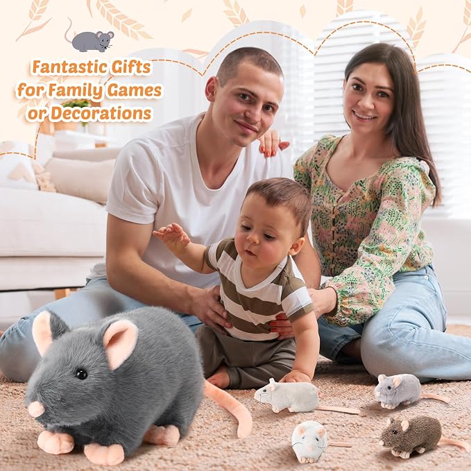 Arrowbash 5 Pcs Mouse Stuffed Animals Set - 14'' Large Mommy Rat Plush with 4 Small Mouse Babies in Zippered Tummy Stuffed Rat Plush Toys for Kids Girls Boys Valentine Birthday Gift(Cute Style)