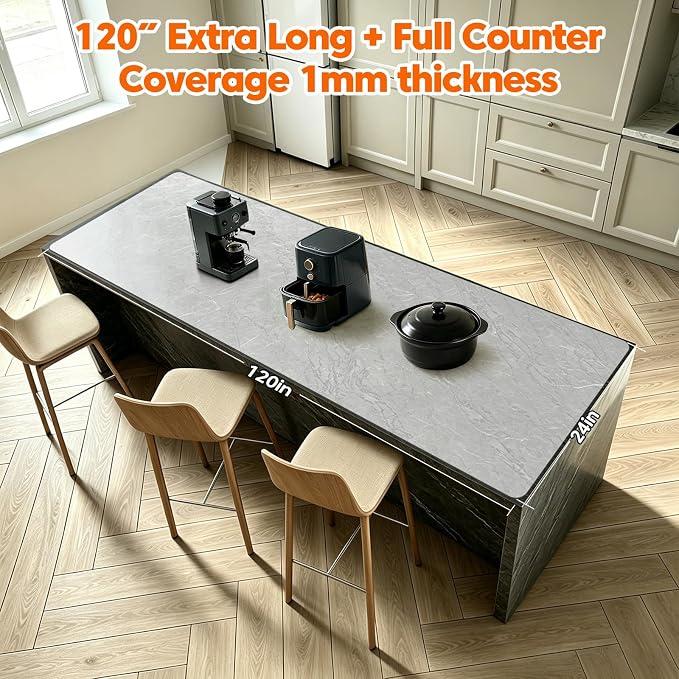 120" x 24" Extra Long Kitchen Island Protector, Silicone Countertop Mat for Large Islands, Heat Resistant Waterproof Countertop Protection, Food Safe Non-Slip Silicone Surface, Translucent