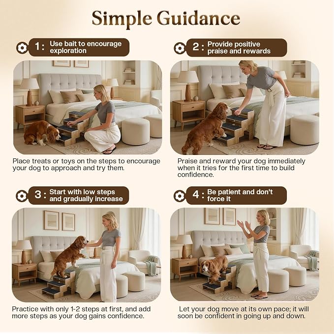 4-Step Wooden Dog Steps for Bed, Anti-Slip Dog Stairs with Carpet Pads, 23.6 Inches Pet Ramp for Dogs to Get on Bed, Pet Stairs for Old & Senior Dogs/Cats, Pet Steps Ladder for High Beds/Couch Sofa