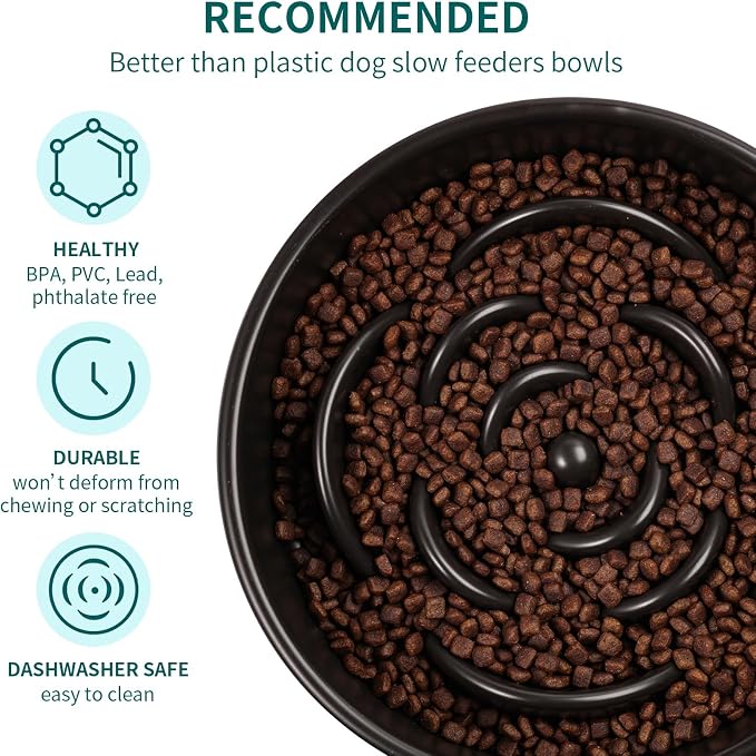 Black Ceramic Dog Bowl Slow Feeder for Medium and Large Breed,1.5 Cup 8.26 in Slow Feeding Bowl,Puzzle Dog Food Bowl for Fast Eater,Maze Dish for Fast Eater