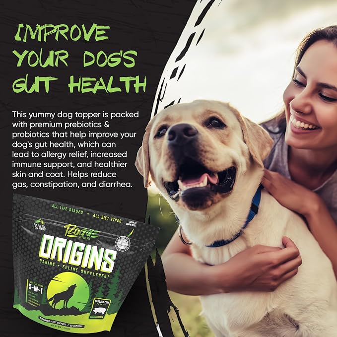Rogue Pet Science Origins 5-in-1 Dog Supplement - Powdered Food Topper w/Natural Heirloom Pork Protein- Supports Healthy Digestion, Skin, and Coat - Helps Reduce Itching & Joint Inflammation (5 lbs)