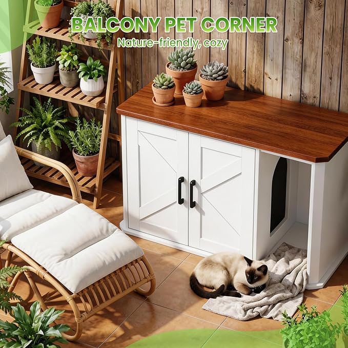 Modern Wooden Cat Litter Box Enclosure, Hidden Washroom Cabinet with Double Doors and Side Entry, Large Cat House End Table, Easy-Clean Sturdy Furniture