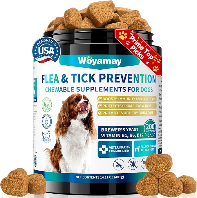 Woyamay Flea and Tick Prevention for Dogs Chewables, 200 Soft Treats, Natural Dog Flea and Tick Treatment, Oral Flea Chews for Dogs Supplement, Flea and Tick Chews for Dogs Puppies, All Breeds & Sizes
