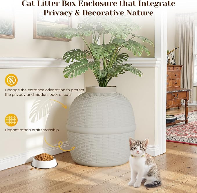 Hidden Plant Litter Box, Large Cat Litter Box Furniture with Odor Control Carbon Filter, Litter Box Enclosure for Home, Faux Plant and Real Stones, Gray