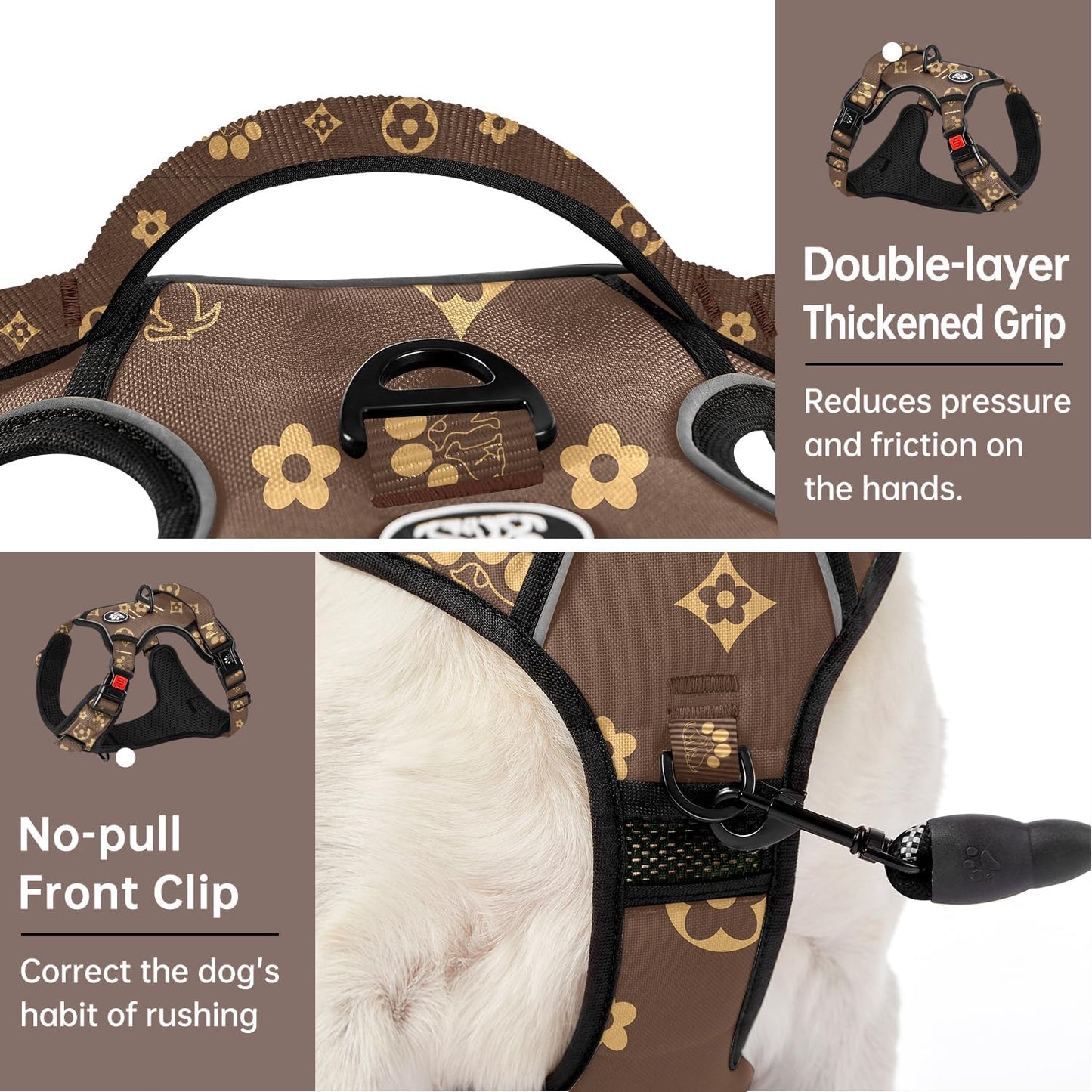 IVY&LANE No Pull Dog Harness with Leash Set, Reflective No Choke Pet Vest,Adjustable Oxford Dog Vest Harness with Easy Control Handle for Large Dogs (Dark Brown,XL)