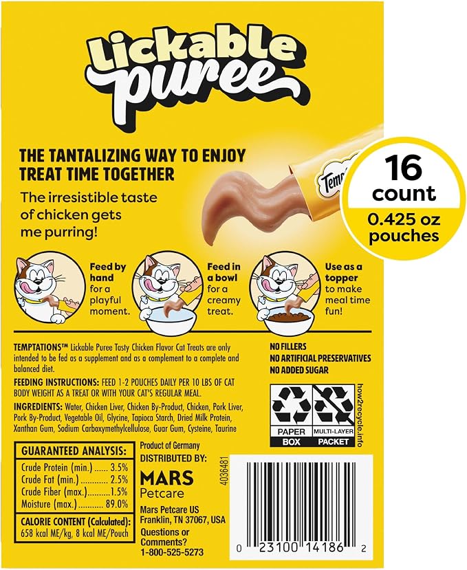 Temptations Creamy Puree Squeezable Lickable Cat Treats, Wet Cat Treats with Chicken, 0.42 oz. Tubes, 16 Count