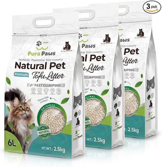 Tofu Cat Litter |100% Natural, Ultra Absorbent, Clumping, Flushable & Eco-Friendly with Low Tracking, Odor Control, and Dust-Free Formula 16.5lbs(3 x 2.5kg)