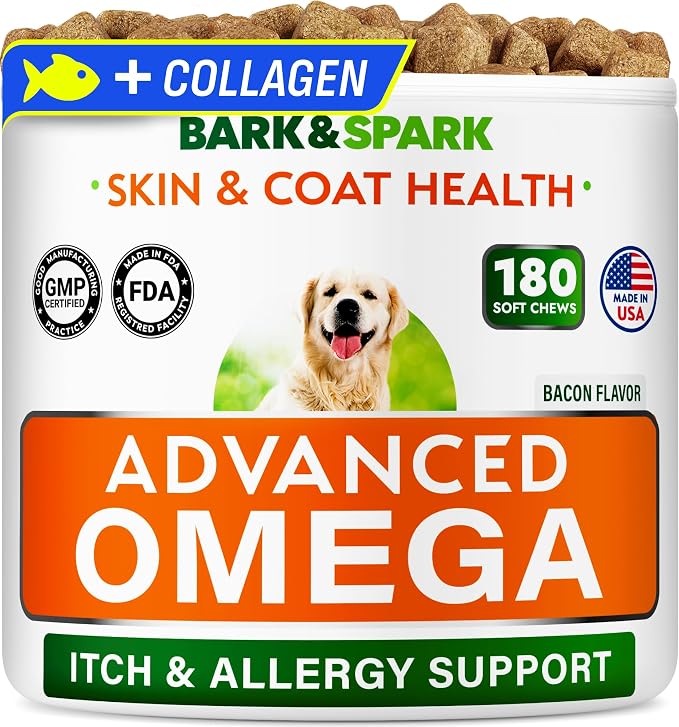 BARK&SPARK Advanced Omega-3 Collagen for Dogs - 180 Salmon & Fish Oil Treats for Dog Shedding, Skin Allergy Chews, Itch Relief, Hot Spots Treatment - Joints, Skin & Coat Supplement,EPA&DHA Fatty Acids