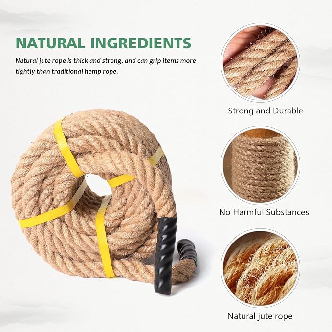 Jute Rope 3/4 in × 100 ft Natural Material Heavy Duty Twisted for Indoor Outdoor Crafts, Nautical, Tug of War Rope, Railing, Hammock, Swing,Gardening, Climbing