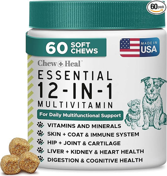 Dog Multivitamin Chewable - Chew + Heal 12-in-1, 60 Ct, Puppy, Senior Dog Vitamins & Supplements for Hip & Joint, Skin, Coat, Immune Support with Glucosamine, Omega 3,6,9, Probiotics, Chicken Flavor