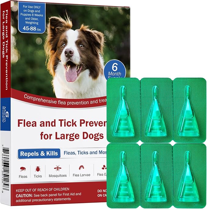 Flea and Tick Prevention for Dogs, 6-Month Supply, Large Dog Flea, Tick & Mosquito Control, Repellent, 44–88 lbs, 24-Hour Protect, Flea Supplements for Dogs
