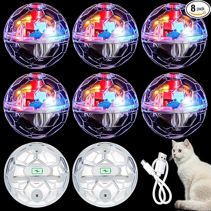 Sratte 8 Pcs Rechargeable Cat Ball Ghost Hunting Light up Cat Balls Toys Motion LED Motion Activated Flash Glowing Lighted Dog Interactive Toys Pet (Clear)