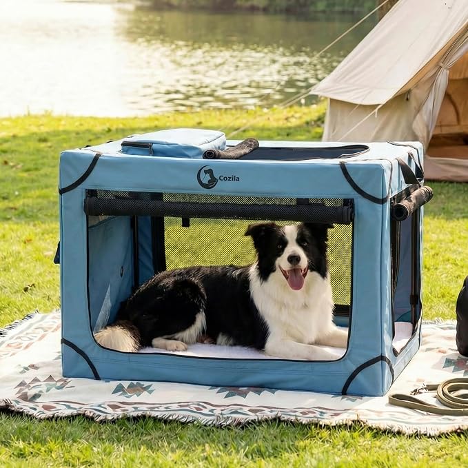 Portable Collapsible Dog Crate for Medium Dogs, 4 Mesh Doors & 2 Storage Bags, Indoor Outdoor Travel Dog Kennel, Blue, 30" x 21" x 21"