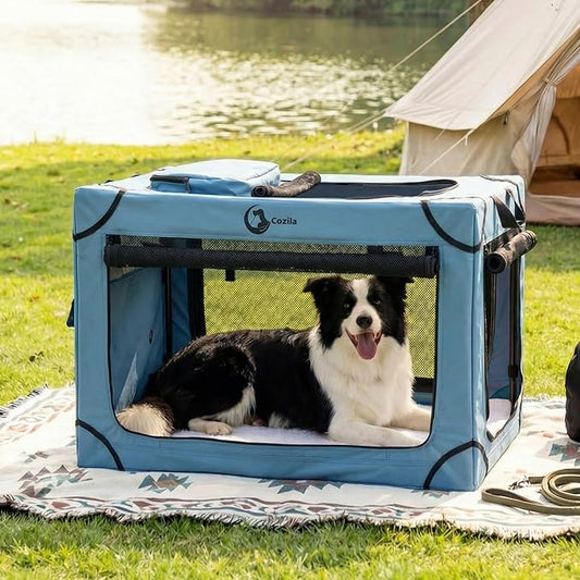 Portable Collapsible Dog Crate for Small Dogs, 4 Mesh Doors & 2 Storage Bags, Indoor Outdoor Travel Dog Kennel, Blue, 26" x 18" x 18"