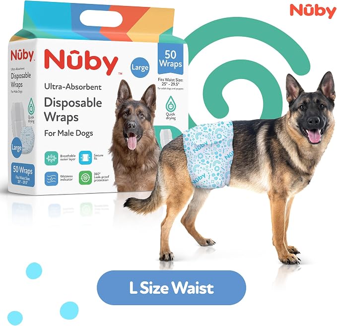 Nuby Pets Disposable Male Dog Wraps with Wetness Indicator, Absorbent & Leak-Resistant Belly Bands for Male Dogs, Large (25–29.5” Waist), 50 Count