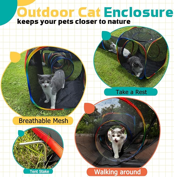 Outdoor Rainbow Cat Enclosures Playground,Outside House for Indoor Cats Include Portable Tent, 2 Way with 2 Cube Tunnel, for Kitty and Small Animals,Within Storage Bag