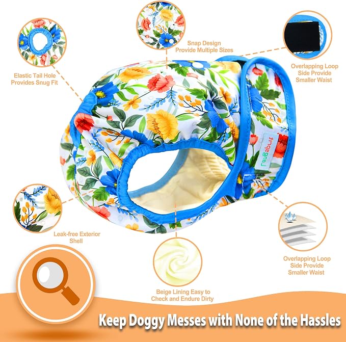 Langsprit Washable Female Dog Diapers (3 Pack) - No Leak Reusable Diapers for Doggy Female in Period - Highly Absorbent Dog Heat Panties with Adjustable Snaps (Floral, Medium)