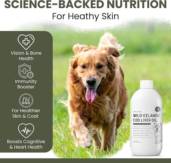 Pure Cod Liver Oil for Dogs - 16 oz - Contains Omega 3, Omega 6, Vitamin A, and Vitamin D to Reduce Itching and Promote Skin and Coat, Heart, Joint, and Immune Health - Pump Cap Bottle
