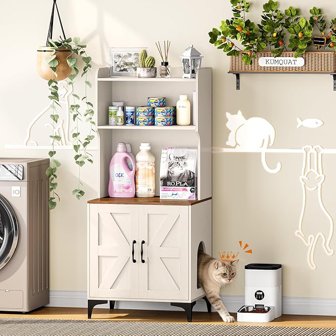 Snughome Cat Litter Box Enclosure with Storage Shelves, 2-in-1 Modern Cat Litter Box Enclosure Furniture Hidden, Wooden Cat Washroom Cat House with Metal Legs, Fit Most of Litter Box, White