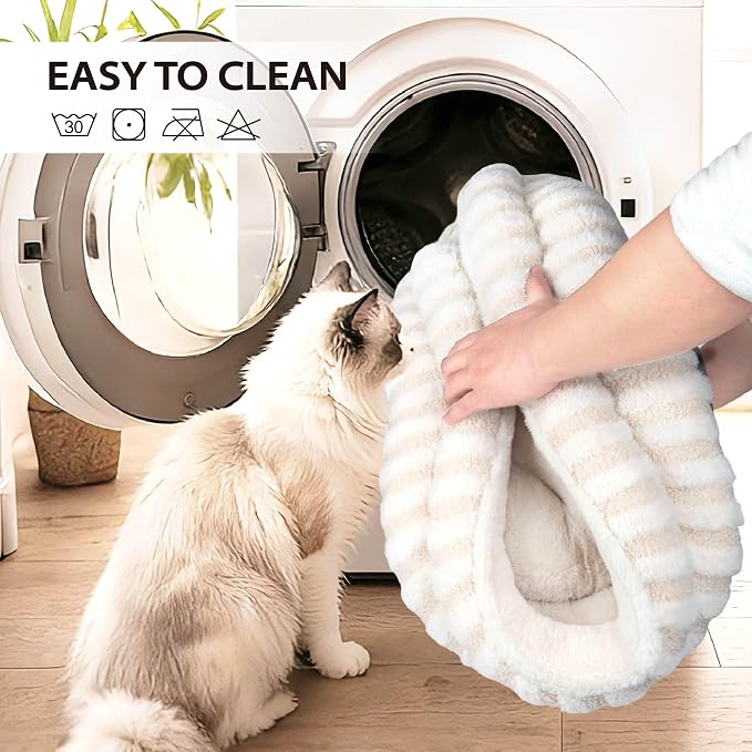 Cat Bed Kitten Bed - Washable Round Cat Beds for Indoor Cats, Soft Corduroy Fleece Pet Bed for Puppy and Kitten with Removable Double Sided Inner Cousion, 20", Beige