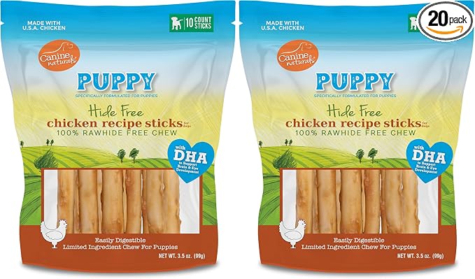 Canine Naturals Puppy Chicken and Rice Chew - Rawhide Free Puppy Treats - Made with USA Chicken - All-Natural & Easily Digestible of 5-Inch Sticks for Puppies,(Pack of 20)