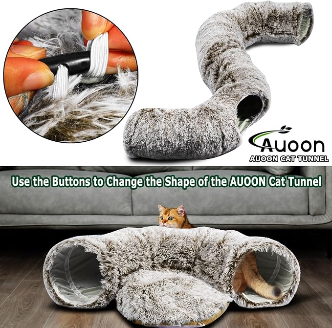 AUOON Cat Tunnel Bed for Indoor Cats - Large Cat Donut Tunnel with Hanging Ball Toy, Collapsible 2-in-1 Multifunctional Interactive Cat Toy for Kitten, Puppy, Rabbit, Ferret (Brown)