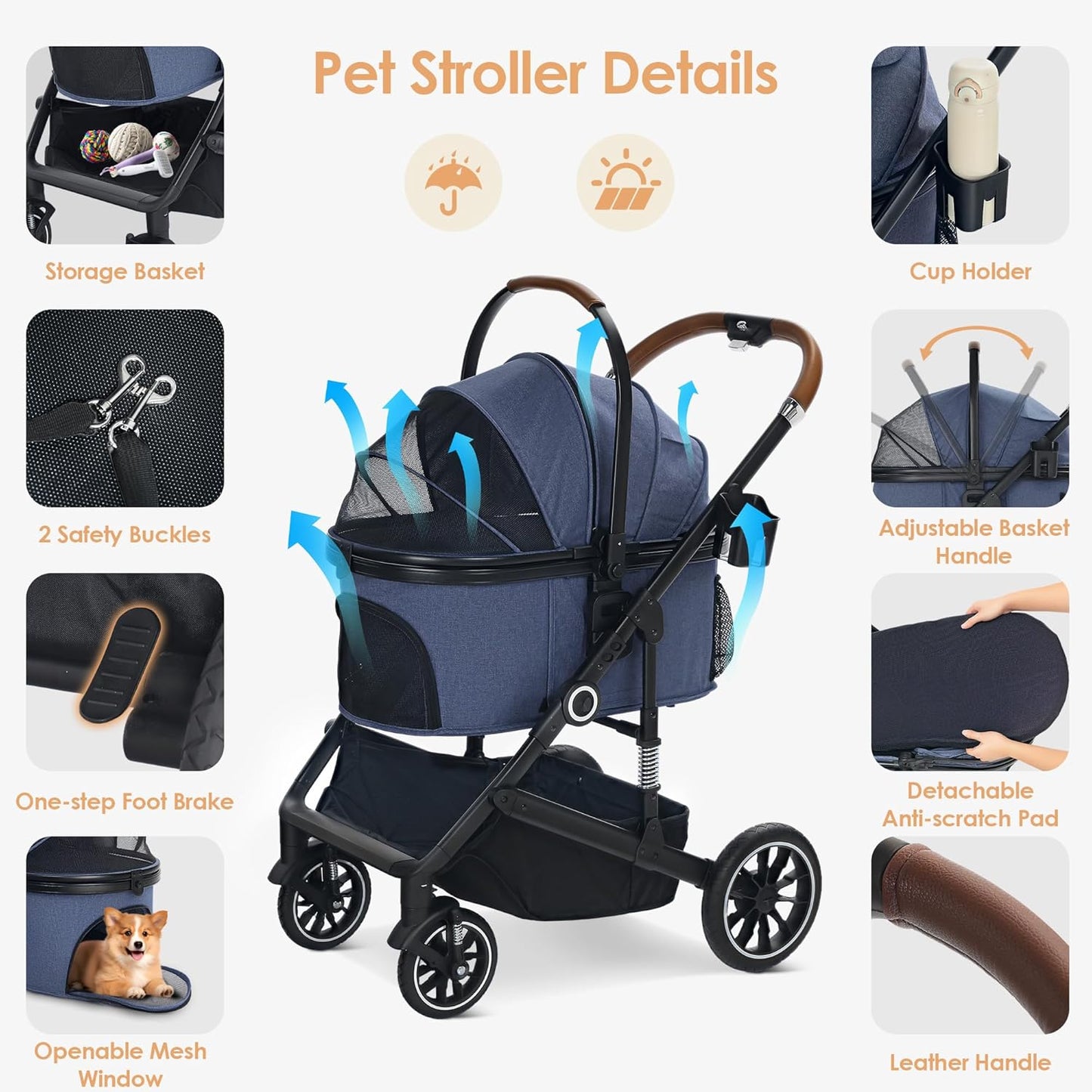 Pet Stroller with 4 Wheels, 3 in 1 Folding Puppy Strollers for Small/Medium Dogs Cats up to 50lbs, Lightweight Pet Travel Carrier with Detachable Cushion, Storage Basket and Cup Holder, Blue