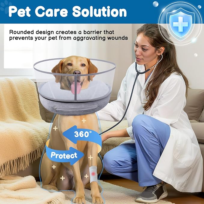 BARKLESS Dog Donut Collar, 2-in-I Inflatable Dog Collars for After Surgery to Stop Licking Wounds, Patented Protective Donut Cone with High Shield for Large Pets (Grey, XL)
