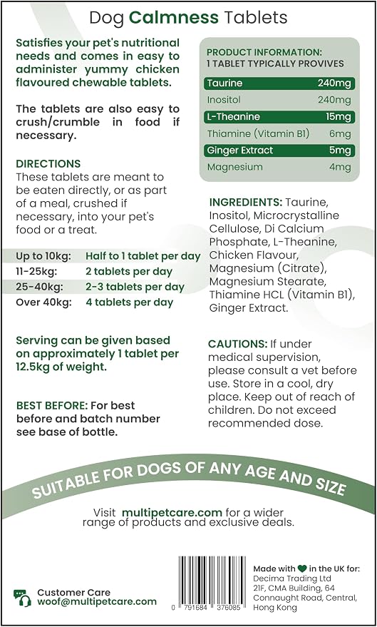 Calming Chews for Dogs – Daily Anxiety & Hyperactivity Support | L-Theanine, Taurine, Magnesium & Ginger | For Separation, Storms, Fireworks & Travel | Chicken Flavor Tablets | UK GMP | 120 Ct