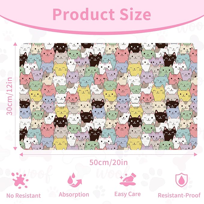 Cat Food Mat, Absorbent Pet Feeding Mat for Dog & Cat Food and Water Bowl, Non-Slip Quick Dry Pet Placemat Floor Protector for Messy Drinkers(12 x 20in)