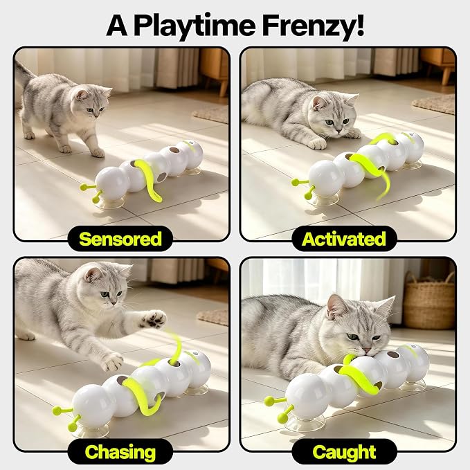 Upgraded Caterpillar Cat Feather Toy, Automatic Fluffy Tail Teaser with Motion Sensor, USB Rechargeable, Suction Cup for Stable Play, Perfect for Indoor Cats