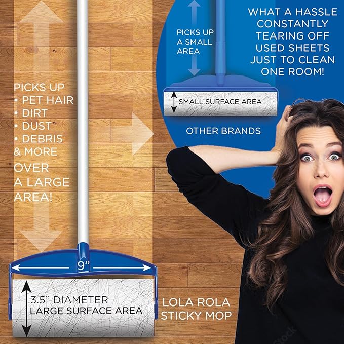 LOLA Rola PET Hair Remover Sticky Mop, Giant Floor Lint Roller, 9" x 3.5", Aluminum Handle, Largest Head, Traps Hair, Dust, Dirt, Extra Sticky Sheets