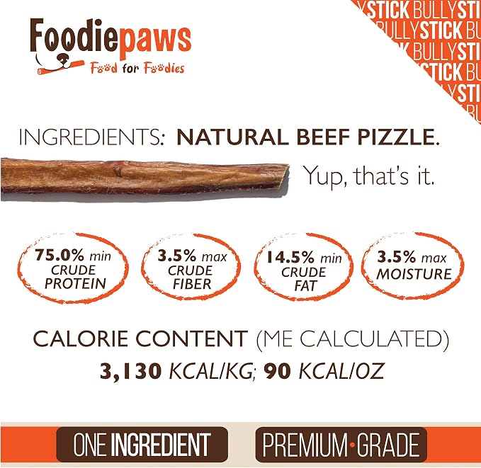 FOODIEPAWS 12 Inch Bully Sticks for Dogs, 5 Pack | All Natural, Grass-Fed Beef Pizzle | Rawhide-Free & Odor-Free Dog Chews | Fully Digestible, Long Lasting Treats for Medium & Large Dogs