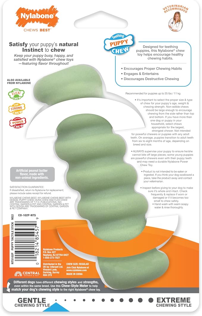Nylabone Sensory Material Soothing Puppy Chew Toy Stick, Toys for Teething Puppies, Peanut Butter Flavor, Small - Up to 25 lbs, 1 Count