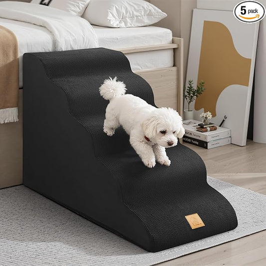 Mestuel Dog Stairs for High Bed, 22.8in Large Foam Pet Stairs to High Bed, 5 Steps Dog Stairs Ramp Indoor with Non-Slip Bottom, Pet Stairs for Large Small Medium Dogs, Black
