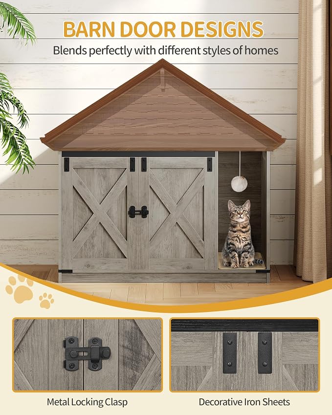 Hzuaneri Cat Litter Box Enclosure, Hidden Litter Box Cabinet Furniture with Bell, Indoor Cats House, Farmhouse Style, 39.4 x 21.7X 24.8 Inches, for Hallway, Bedroom, Greige CB85205X