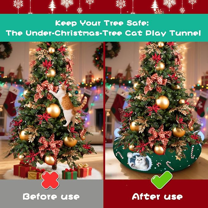 Cat Tunnel Bed in Christmas Style with Star, Crutches Candy, and Snowflakes Patterns - 3FT x 3FT x 9.8 INCH Size Green Decorative for Festive Felines