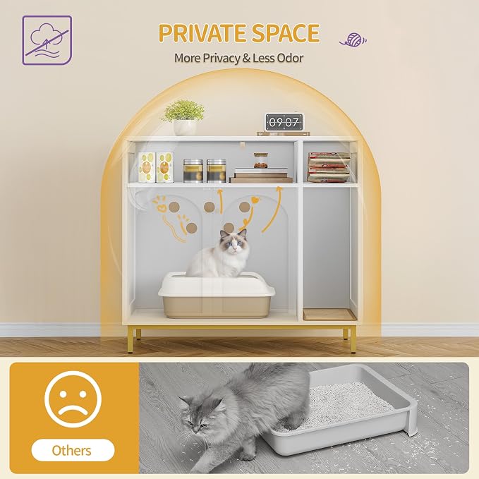 Hzuaneri Cat Litter Box Furniture, Hidden Cat Litter Box Enclosure with Storage, Wooden Cats Cabinet with Scratch Pad, Cats House, Modern End Table for Living Room Entryway, White and Gold CB89503G