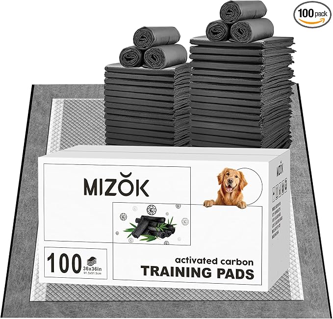 MIZOK Pee Pads for Dogs 36x36in 100 Count, Charcoal Dog Pads Super Absorbent Odor Eliminating Leak-Proof, XXL Dog Pee Pads with Activated Carbon for Large Breeds, Disposable