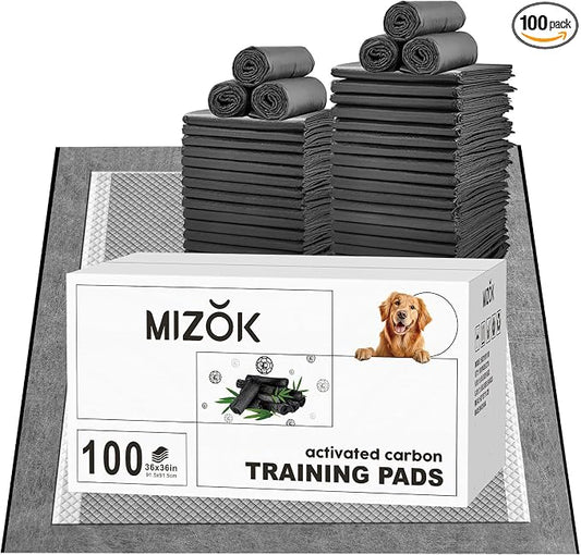 MIZOK Pee Pads for Dogs 36x36in 100 Count, Charcoal Dog Pads Super Absorbent Odor Eliminating Leak-Proof, XXL Dog Pee Pads with Activated Carbon for Large Breeds, Disposable