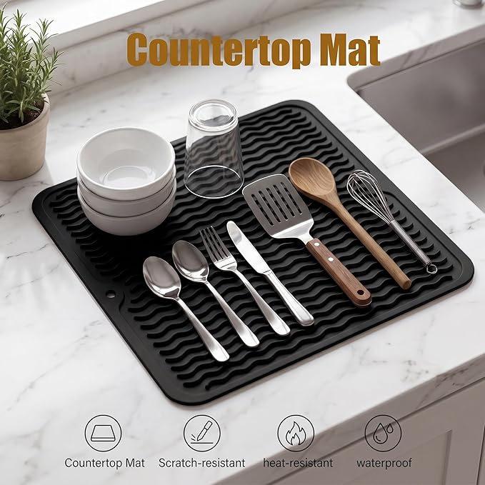 MicoYang Silicone Dish Drying Mat for Multiple Usage,Easy clean,Eco-friendly,Heat-resistant Silicone Mat for Kitchen Counter or Sink,Refrigerator or Drawer liner Black M 12 inches x 12 inches