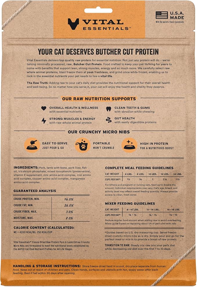 Vital Essentials Freeze Dried Cat Food, Raw Protein Pork & Lamb Micro Nibs | Complete Meal or Mixer | 96% Meat, Organs & Bone | High Protein, Low Carb, Grain Free, Dry Cat Food | 12 oz