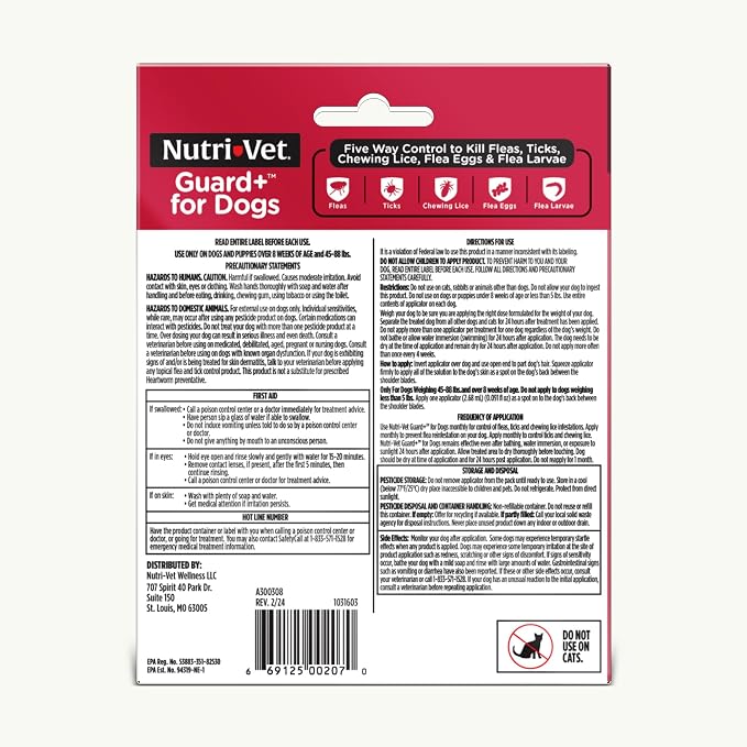 Nutri-Vet Guard+ for Dogs, Flea and Tick Prevention Spot On Drops, Topical Treatment for Dogs 45-88 lbs, Puppy Essentials, Waterproof Formula, 3 Monthly Doses, 90 Days of Protection