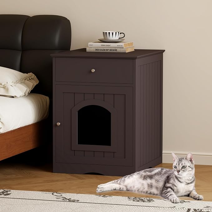 Litter Box Enclosure, Hidden Cat Litter Box Cabinet with Drawer, Wooden Pet Crate, Litter Box Furniture as Cat House, End Table, Fit Most of Litter Box (Brown)